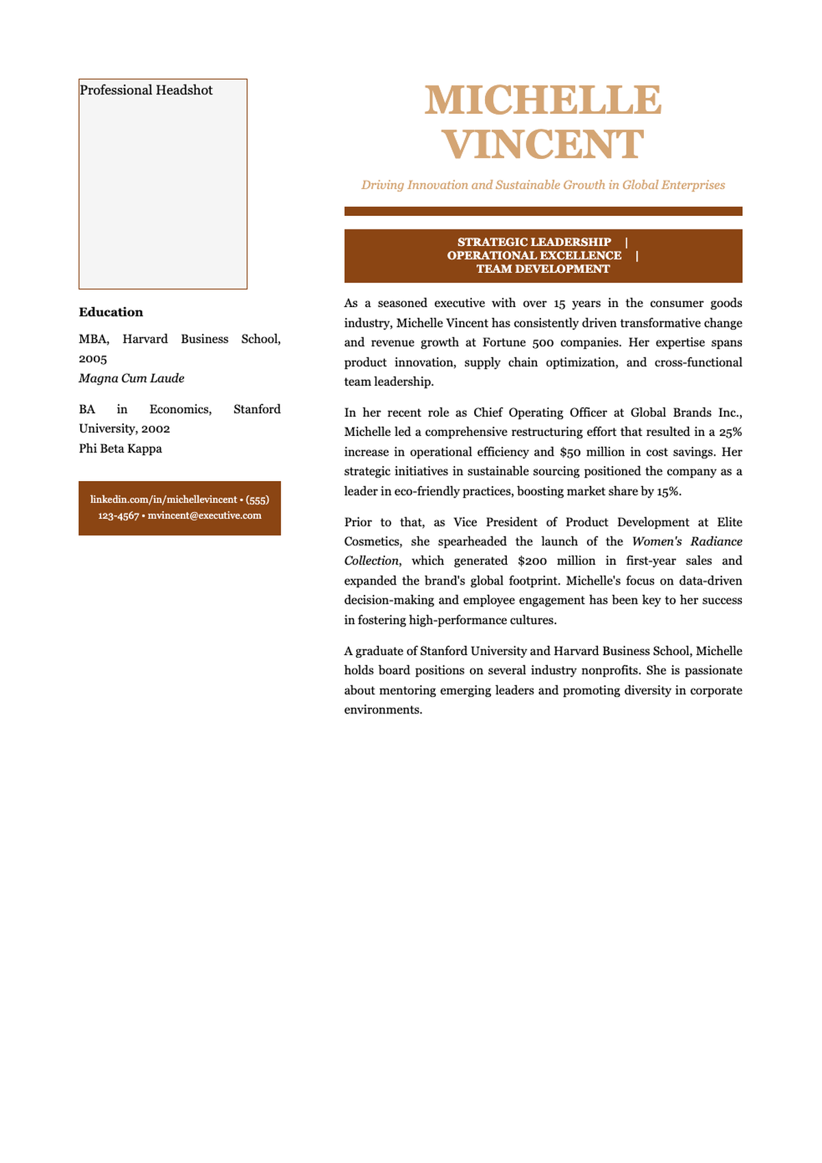 Professional executive bio for Michelle Vincent fashion industry leader_variant_1